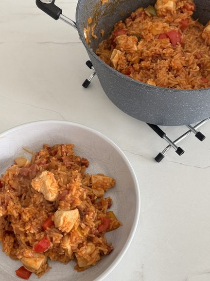 Chicken and chorizo jambalaya served in a bowl