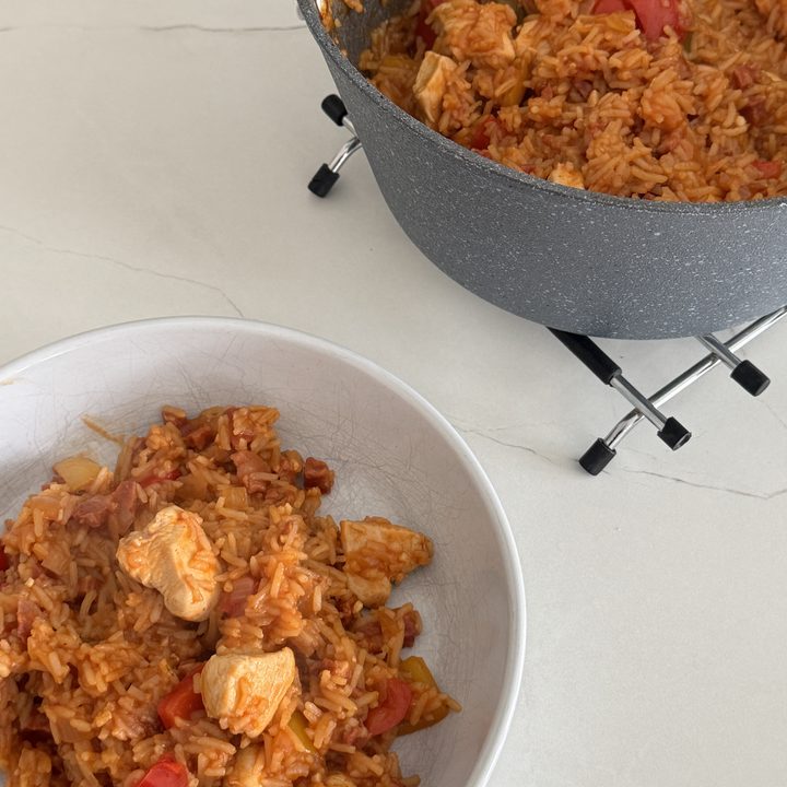 Chicken and chorizo jambalaya served in a bowl
